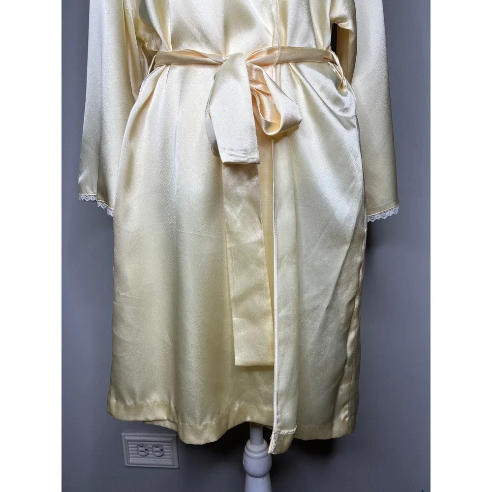 Oscar de la Renta Pink Label Butter Yellow Satin Lace Trim Wrap Robe Women's M